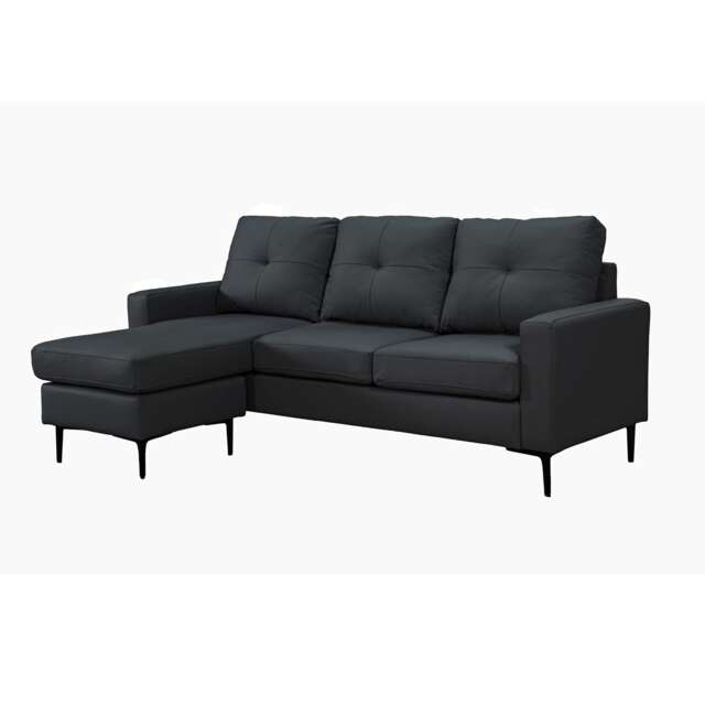 Monza 3-Seater L-Shaped Air Leather Sectional Sofa with Movable Footstool - Black Black Black Three Seater 1