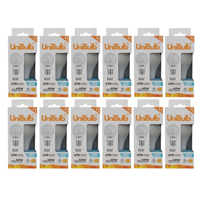 UniBulb LED GLS B22 Bayonet Cap (BC) 470lm 4.2W (Replaces 40W) 6500K (Daylight) Light Bulb - Pack of 12