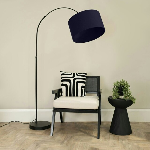 ValueLights Louis Black Arched Curved Floor Lamp Navy Blue Shade and Bulb