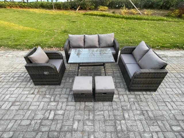 Fimous 8 Seater Outdoor Rattan Garden Furniture Set Patio Lounge Sofa Set with Dining Table 2 Small Footstools Dark Grey Mixed