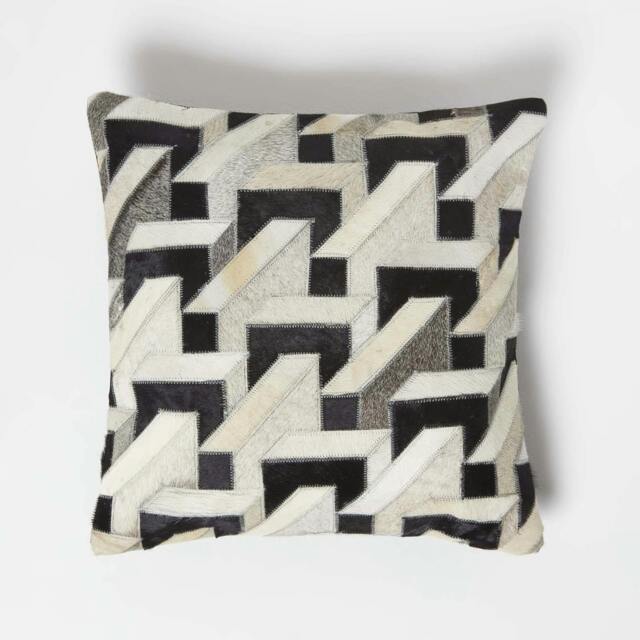 Homescapes Geometric Block Brown & Cream Leather Cushion - 45 x 45 cm