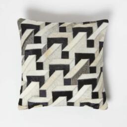 Homescapes Geometric Block Brown & Cream Leather Cushion - 45 x 45 cm