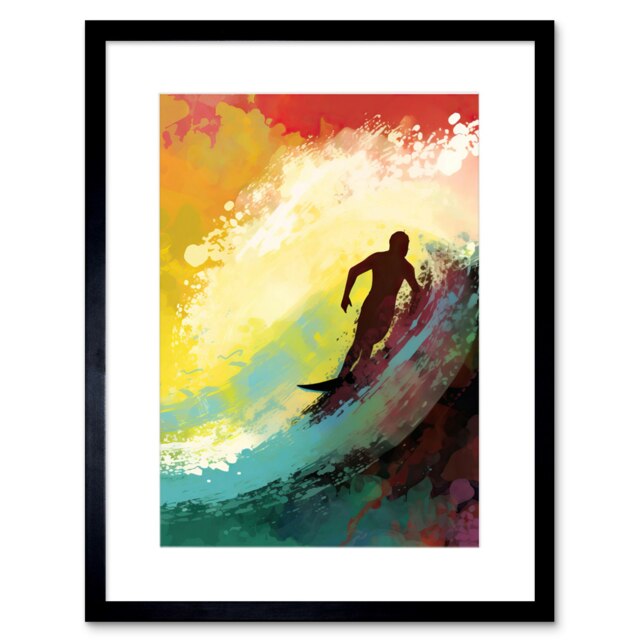 "Silhouette Surfer Surfing a Big Wave 9x7"" Black Framed Wall Art Print"