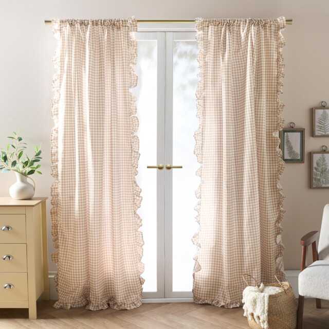 OHS Gingham Frill Voile Net Curtain Pair Window Panels Slot Top Set Brown Natural One Size