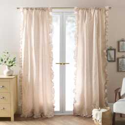 OHS Gingham Frill Voile Net Curtain Pair Window Panels Slot Top Set Brown Natural One Size