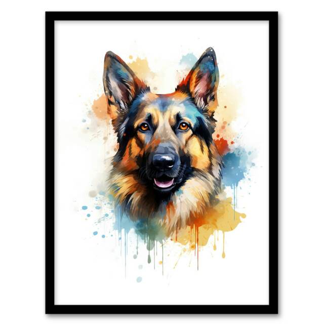 German Shepherd Lovers Gift Watercolour Pet Black Framed Wall Art Print A4