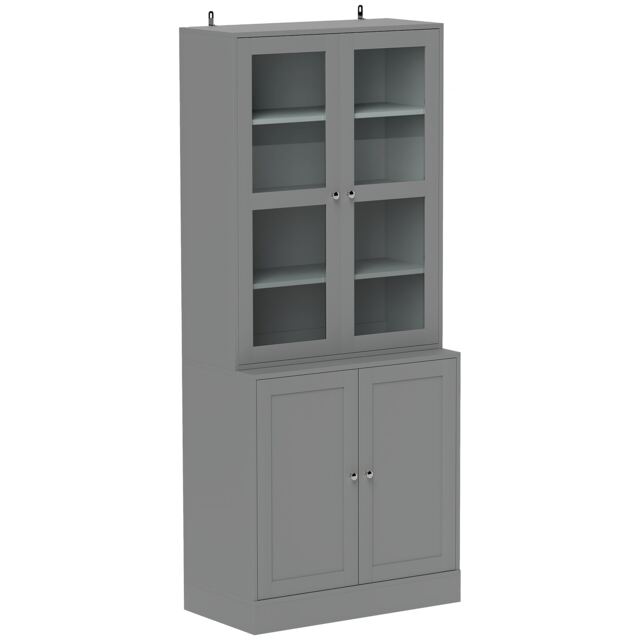 HOMCOM Modern Bookcase with Glass Doors, Display Storage Cabinet with Adjustable Shelves for Living Room, Study, Home Office, Kitchen Cupboard with Small Open Counter, Grey
