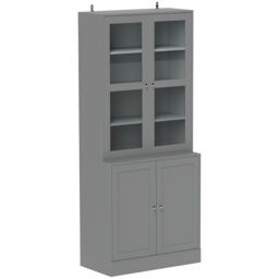HOMCOM Modern Bookcase with Glass Doors, Display Storage Cabinet with Adjustable Shelves for Living Room, Study, Home Office, Kitchen Cupboard with Small Open Counter, Grey