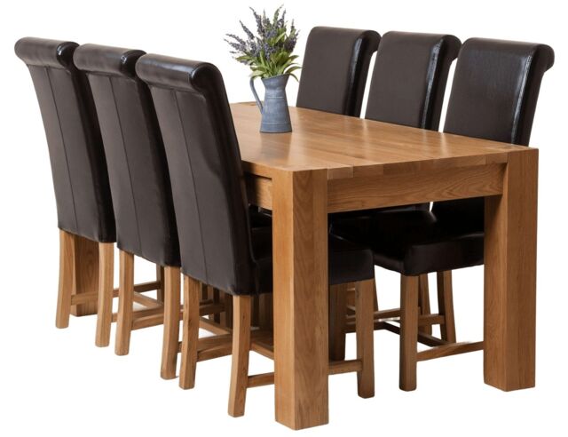 Kuba 180 x 90 cm Chunky Oak Dining Table and 6 Washington Leather Chairs Brown Brown