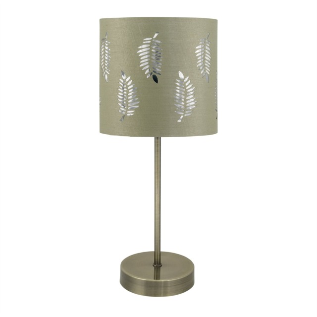 Antique Brass Stick Table Lamp with Sage Green Fern Shade