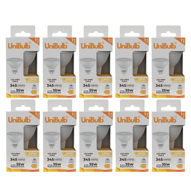 UniBulb LED MR16 GU5.3 345lm 3.4W (Replaces 35W) 3000K (Warm White) Spot Downlight Ceiling Light Bulb - Pack of 10 Clear Warm White MR16 10
