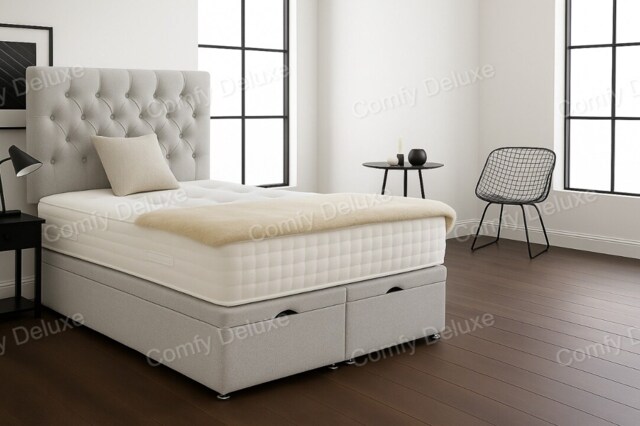 Silver Linen 6ft Superking Ottoman Divan Foot Lift Open Bed Set Headboard With Memory Mattress