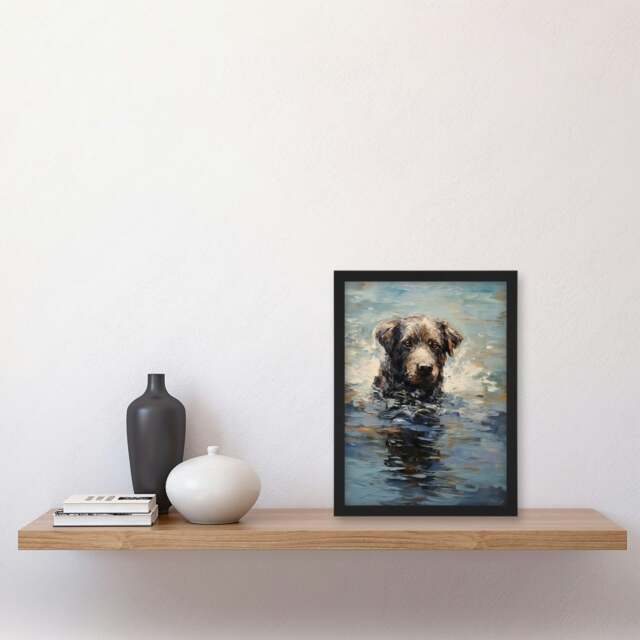 Labrador Retriever Swimming Claude Monet Black Framed Wall Art Print A4