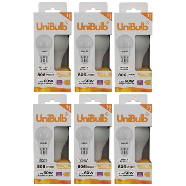 UniBulb LED GLS B22 Bayonet Cap (BC) 806lm 7.3W (Replaces 60W) 2700K (Warm White) Dimmable Light Bulb - Pack of 6