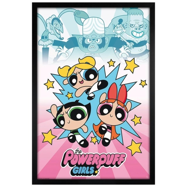 Black Wooden Framed Powerpuff Girl Girls vs Villains Maxi Poster Framed Poster