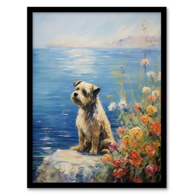 Border Terrier Dog On Coastal Cliff Claude Monet Black Framed Wall Art Print A4
