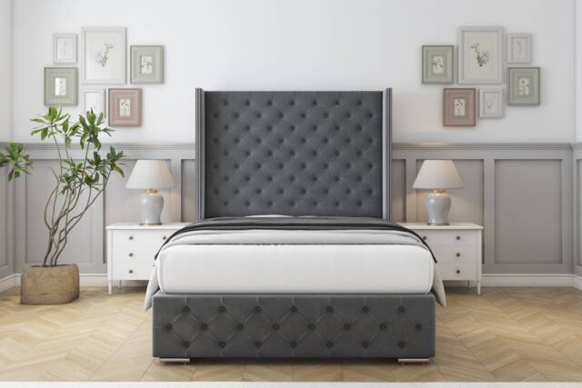 "Sloomy Arundel Armour Coniston Bed Frame With Mattress With 50"" Upholstered Wingback Headboard 4'6 Double"