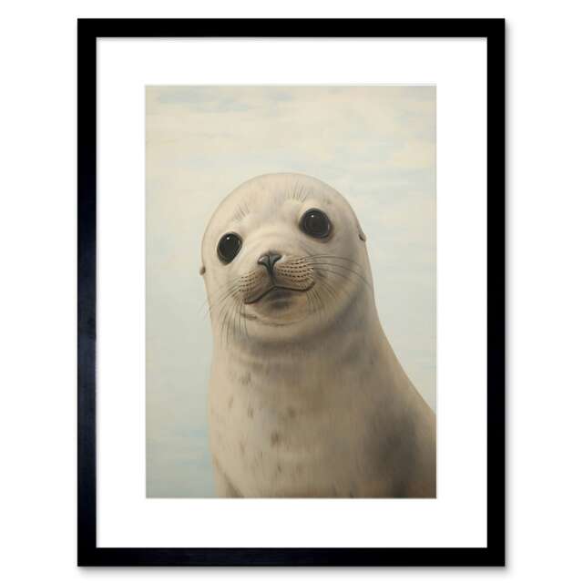 "Adorable Baby Seal Pup Portrait Cute Animal 9x7"" Black Framed Wall Art Print"