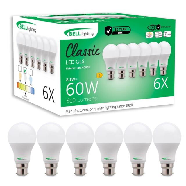 BELL Lighting B22 Bayonet LED GLS 8.1W Energy Saving Light Bulb White Cool White - 4000k 6