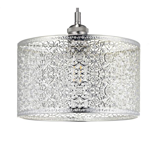 Ornate Moroccan Style Decorated Shiny Silver Metal Pendant Shade 25cm x 15cm Silver Silver 1