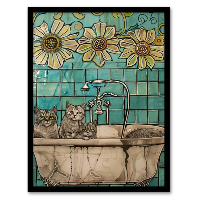 Cats Bathtub Cat Lover Bath Time Sunflower Black Framed Wall Art Print A4