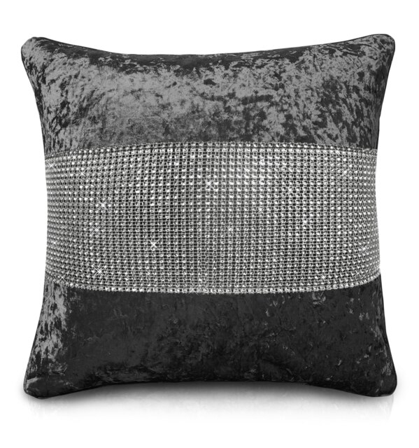 Luxury Crushed Velvet Diamonte Detail Cushion - 43cm x 43cm Grey Charcoal
