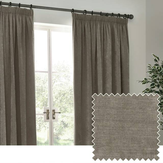 Yard Heavy Chenille Velvet Greige Pencil Pleat Curtains (W)117cm x (D)183cm Multi