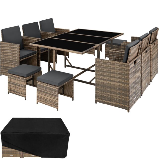 Garden Table and Chairs Malaga - 10 seats with cushions, dining table, rain cover Brown nature 53 x 53 x 87 cm 1