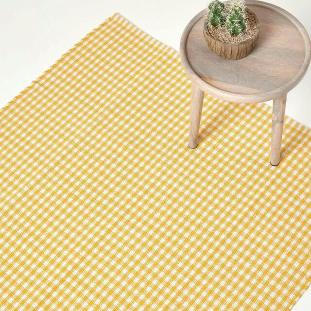 Homescapes Cotton Gingham Check Rug Hand Woven Yellow White - 70 x 120 cm Yellow Yellow