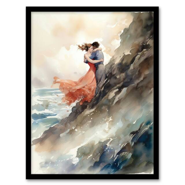 Forbidden Love Watercolour Couple Embrace Black Framed Wall Art Print A4