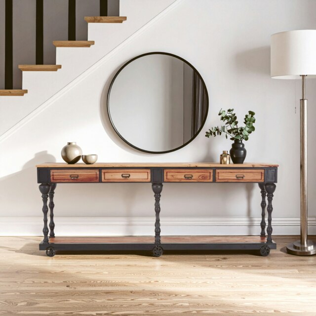 Ample Storage 4 Drawer Console Table, Functional Design Sofa Table For Livingroom, Durable Console Table Cream