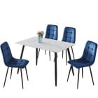 120cm Ceramic Top Dining Table & 4 Plush Velvet Chairs With Metal Leg Modern Set Multi White Matt + 4 Blue Velvet Chairs