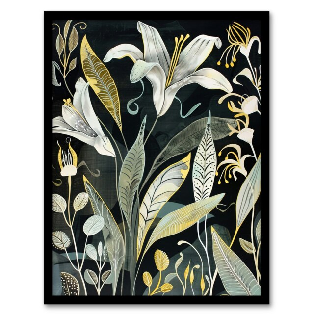 Lily Flowers Dark Stylised Floral Living Room Black Framed Wall Art Print A4