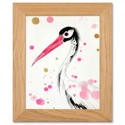 Oriental Stork Pink Gold Black Bird Painting Art Oak Wood Framed Wall Print