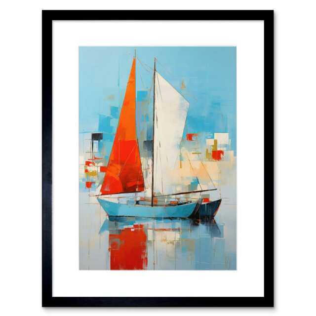 "Abstract Sailing Boats Ships Bathroom Seascape 9x7"" Black Framed Wall Art Print"