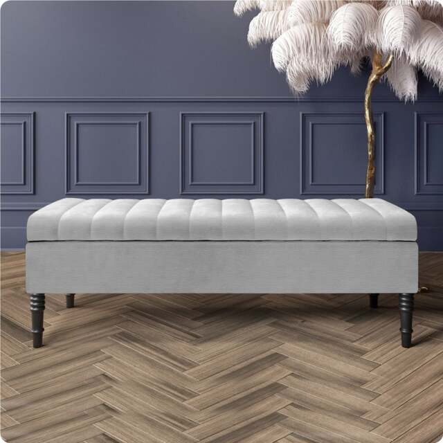 Safar 120cm Ottoman Storage Bench - Naples Shoe Bench - Silver Lined Upholstery Storage Footstool