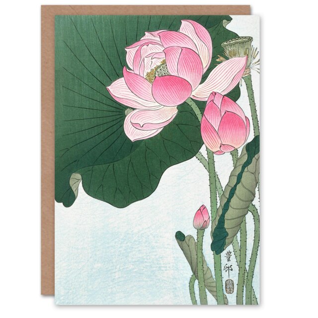 Ohara Koson Japanese Art Card Blooming Lotus Flowers