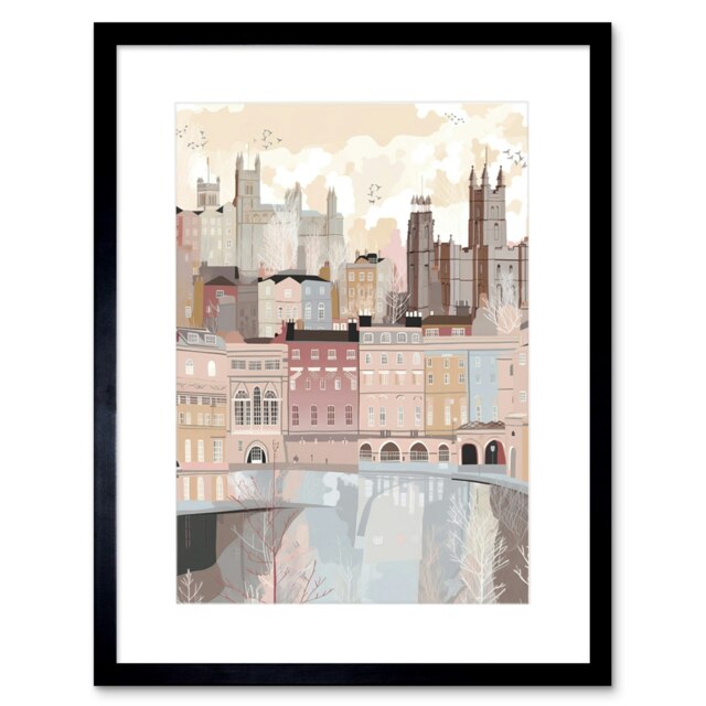"Bath Georgian Pastel Colour Cityscape 9x7"" Black Framed Wall Art Print"
