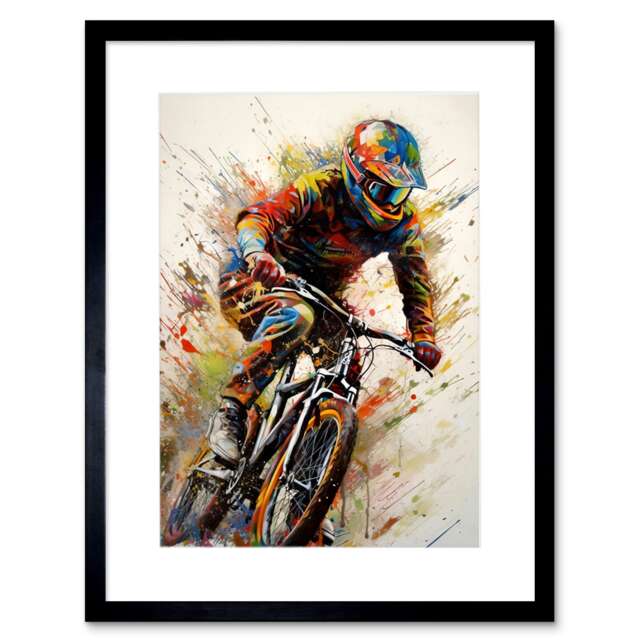 "Mountain Biker Portrait Splat Paint Action Shot 9x7"" Black Framed Wall Art Print"