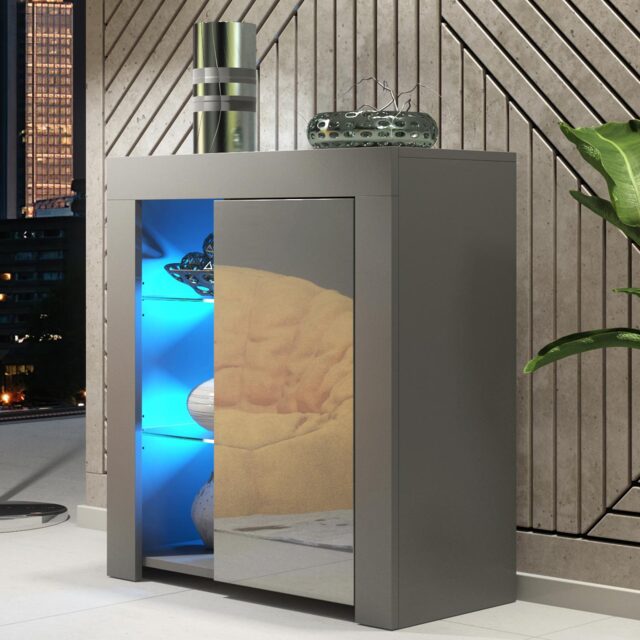 Sideboard Cabinet Storage Unit Cupboard Grey High Gloss LED Furniture 75cm