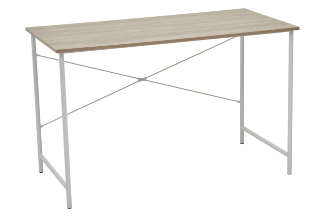 White Metal Frame Natural Oak Desk,Cross Pattern Supported Desk,Minimalist Office Table With Ample Space Brown