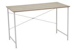 White Metal Frame Natural Oak Desk,Cross Pattern Supported Desk,Minimalist Office Table With Ample Space Brown