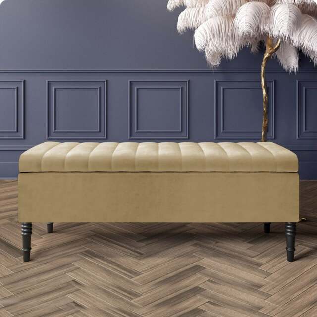 150cm Paris Striped Ottoman Storage Bench- Plush Velvet Shoe Bench - Mink Upholstery Footstool with Storage