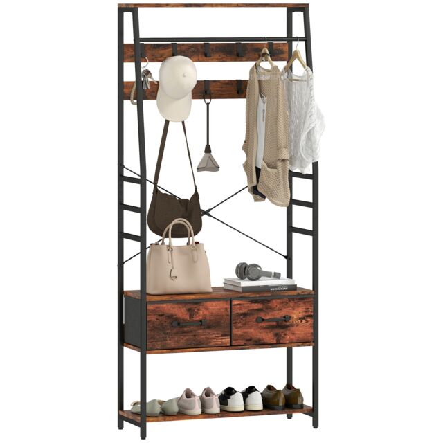 HOMCOM Coat Rack with Shoe Storage, Hall Tree, Industrial Coat Stand with Shoe Bench, 10 Removable Hooks, 2 Fabric Drawers and Clothes Rail for Entryway, Hallway, Rustic Brown Brown Rustic Brown