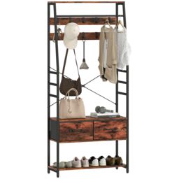 HOMCOM Coat Rack with Shoe Storage, Hall Tree, Industrial Coat Stand with Shoe Bench, 10 Removable Hooks, 2 Fabric Drawers and Clothes Rail for Entryway, Hallway, Rustic Brown