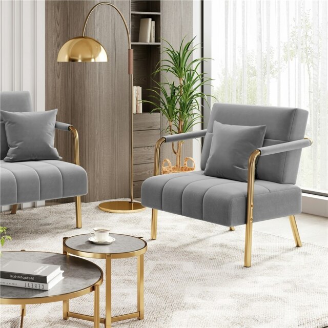 Yaheetech Velvet Accent Armchair with Cozy Pillow Light Grey