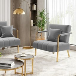 Yaheetech Velvet Accent Armchair with Cozy Pillow Light Grey