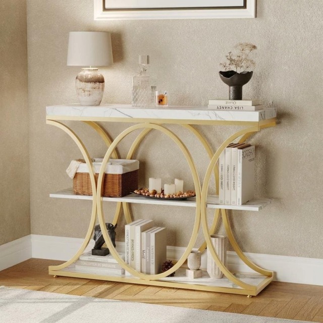 London Boutique 3 Tier Narrow Console Table Slim Entryway Hallway Table (W100cm (D)30cm (H)80cm - White/Gold