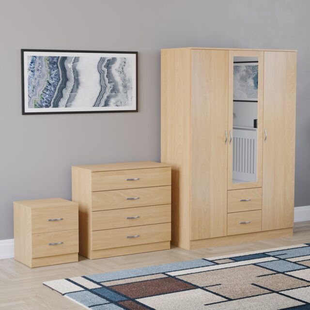 Vida Designs Riano 3 Piece Bedroom Set (2x 2 Drawer Bedside Chest, 4 Drawer Chest, 3 Door 2 Drawer Mirrored Wardrobe) - Pine