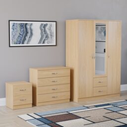 Vida Designs Riano 3 Piece Bedroom Set (2x 2 Drawer Bedside Chest, 4 Drawer Chest, 3 Door 2 Drawer Mirrored Wardrobe) - Pine